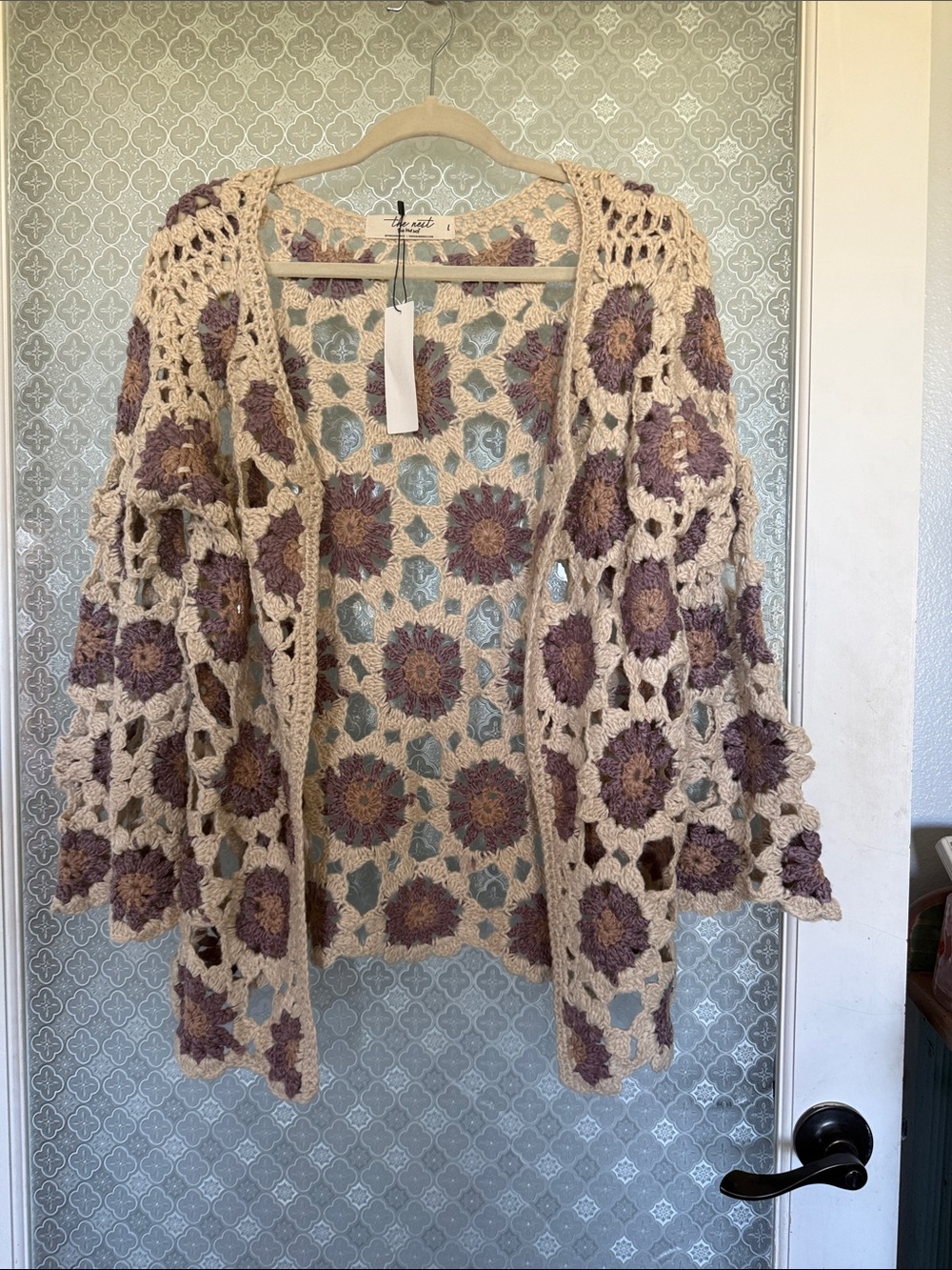 Three Bird Nest Crochet Sunflower Cardigan in Beige and Purple